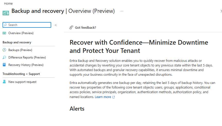 Microsoft Entra Backup and Recovery blade in the Entra admin center