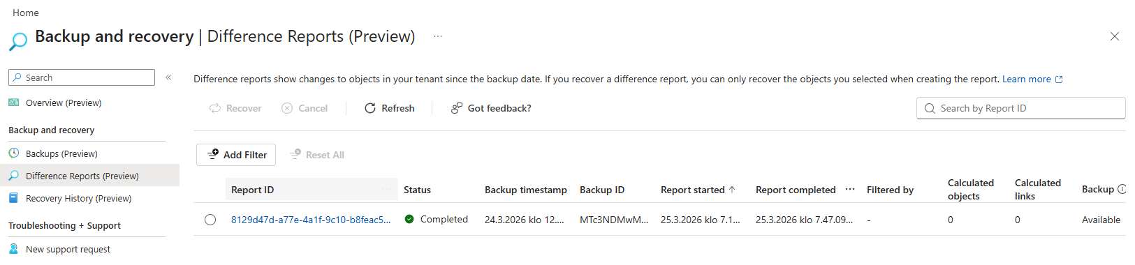 Microsoft Entra Backup and Recovery — Difference Report showing changed objects