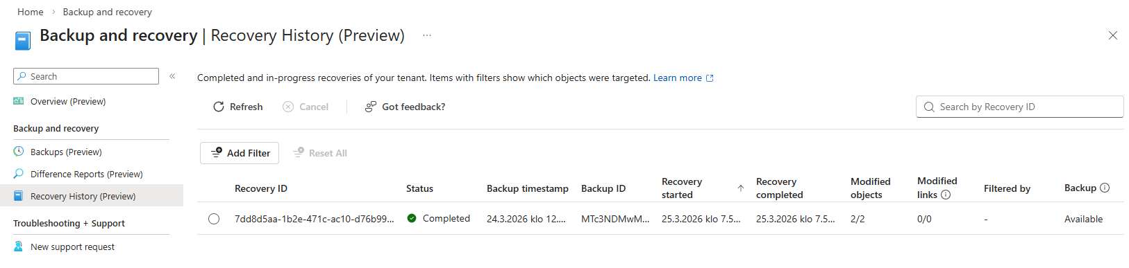 Microsoft Entra Backup and Recovery — recovery job execution and progress