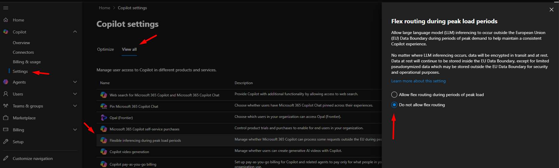Microsoft 365 Admin Center - Flexible inferencing during peak load periods setting