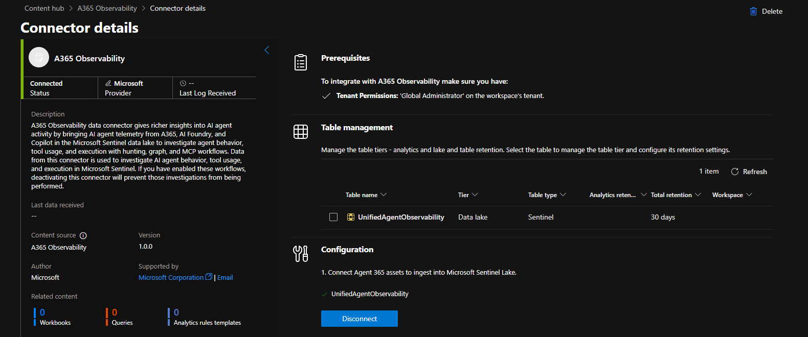 Connector details page showing Connected status and UnifiedAgentObservability table