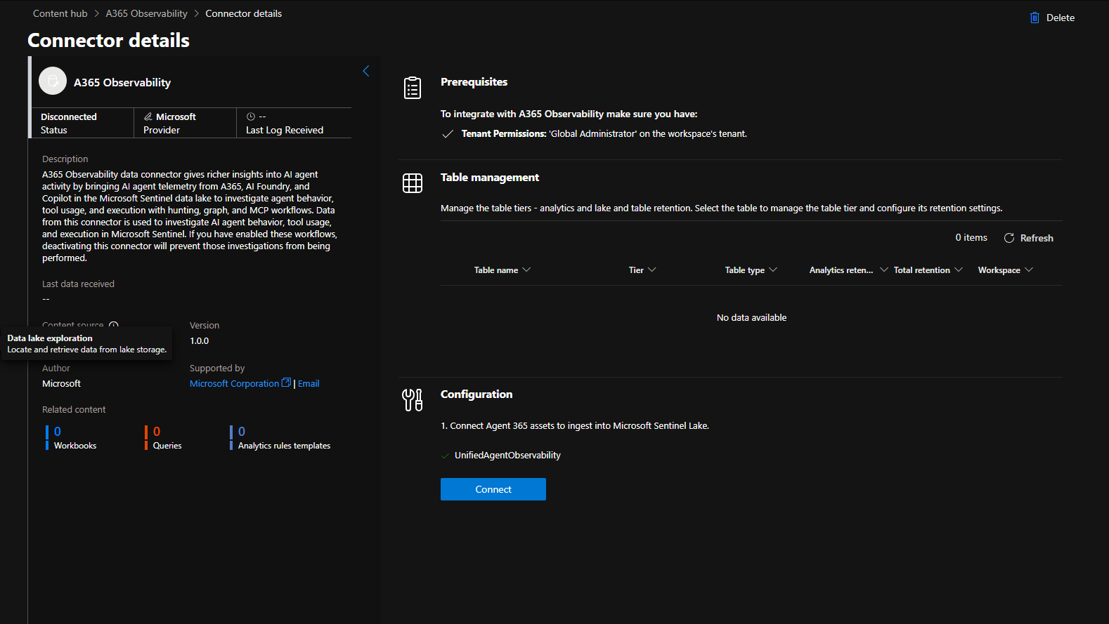 Connector details page with UnifiedAgentObservability checkbox and Connect button