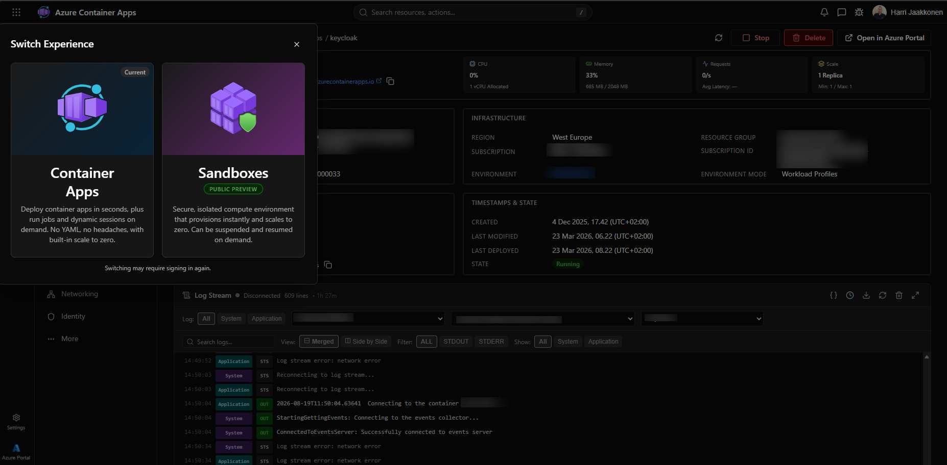 Azure Container Apps resource details view with logs, infrastructure, identity, and the switch to Sandboxes